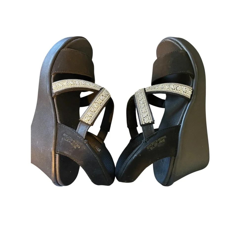 Skechers Cali Slip-ins Wedge Sandals Size 6 Womens Black Rhinestone Strappy‎